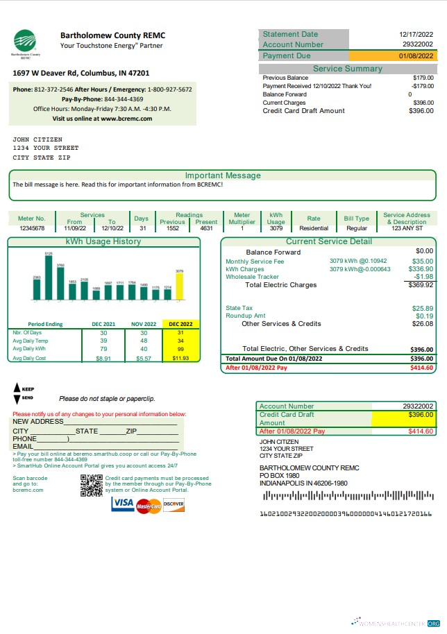 download USA Indiana Bartholomew County REMC utility bill template in Word and PDF format PDF template